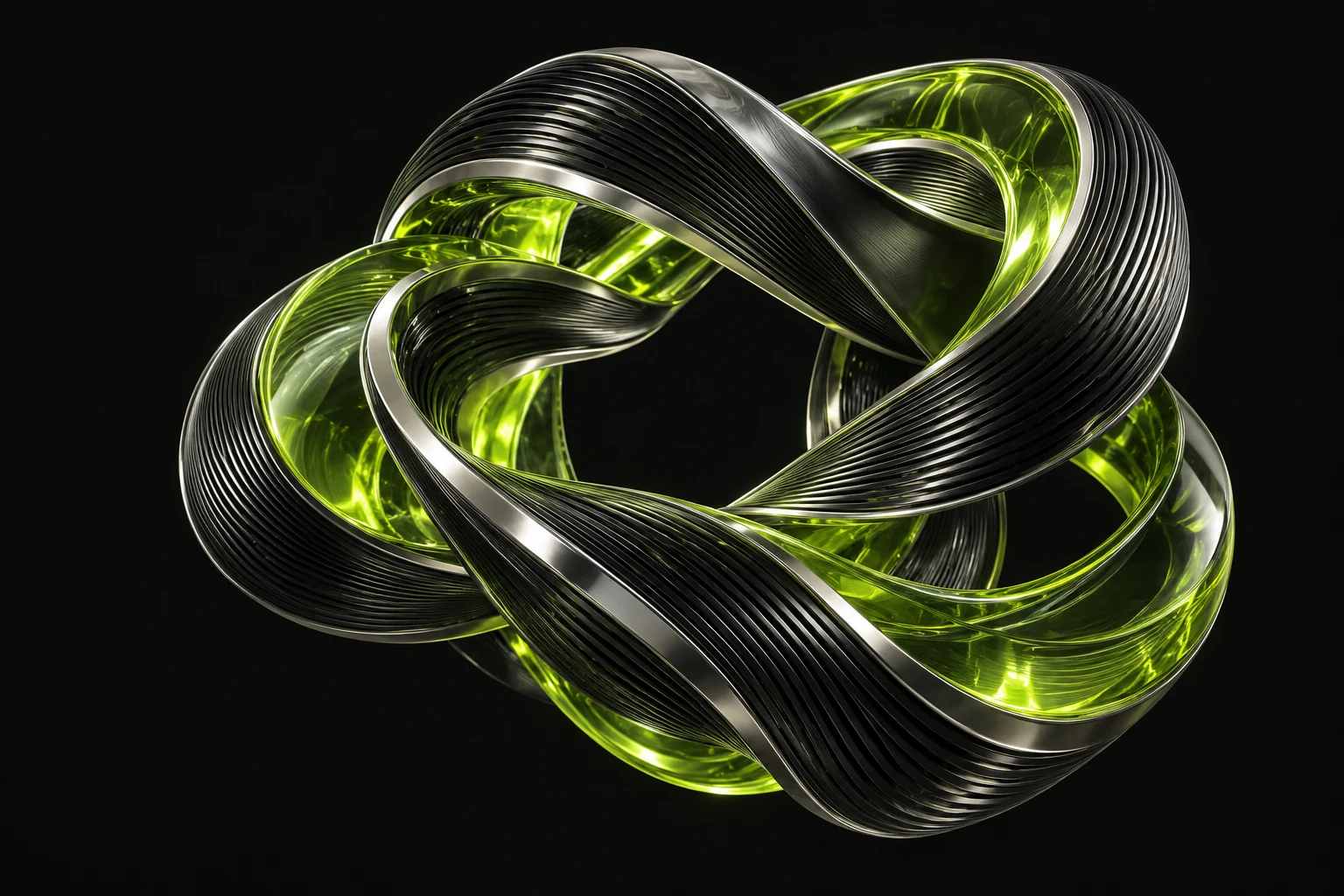An abstract sculpture of interwoven chrome and green glass ribbons, suspended against a dark background.